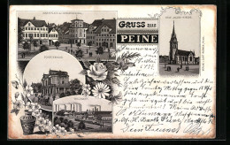 Lithographie Peine, Schützenhaus, Marktplatz Mit Kriegerdenkmal, Walzwerk  - Peine