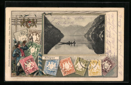 AK Berchtesgaden, Königsee Mit Bootspartie, Briefmarken, Postillon, Wappen  - Briefmarken (Abbildungen)