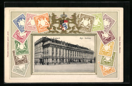 Passepartout-AK Ansbach, Kgl. Schloss, Briefmarken Bayerns, Wappen  - Briefmarken (Abbildungen)
