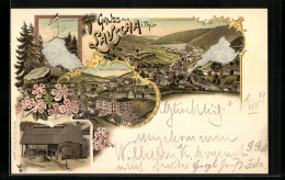 Lithographie Lauscha /Th., Glashütte, Neue Schule U. Tierberg, Lauschenstein, Ortsansicht  - Lauscha