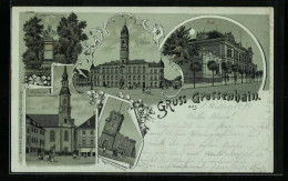 Lithographie Grossenhain, Rathaus, Post, Kupferbergturm  - Grossenhain