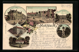 Lithographie Northeim, Hotel Sonne, Bahnhof, Marktplatz  - Northeim