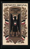 Künstler-AK Chemnitz, Nagelbild Kriegsmal Vaterlandsliebe, Reichsadler, Eichenlaub  - Guerre 1914-18
