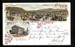 Lithographie Betzdorf, Hotel Zum Deutschen Hause, Ortsansicht Aus Der Vogelschau  - Betzdorf