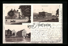 Lithographie Northeim, Bahnhof, Brauhaus, Rhume-Mühle  - Northeim