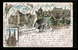Lithographie Nürnberg, Hôtel Deutscher Kaiser, Haller Tor Und Burg, Kirche  - Nürnberg
