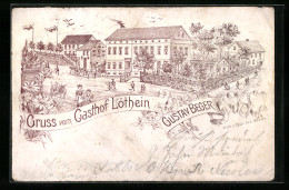 Lithographie Löthein, Strassenpartie Am Gasthof Von Gustav Beger  - Sonstige & Ohne Zuordnung