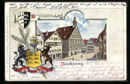 Passepartout-Lithographie Backnang, Strassenpartie Im Ortskern Mit Rathaus, Stadtwappen  - Other & Unclassified