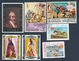 7 Timbres Oblitérés YEMEN Kingdom XIV-16 (4) Peinture Tableau Jeux Olympiques Personnages Moyen-age - Yémen