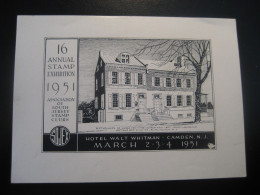 CAMDEN New Jersey 1951 Annual Stamp Exhibition Hotel Walt Whitman Slight Faults Poster Stamp Vignette USA Label - Sonstige & Ohne Zuordnung