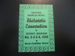 DETROIT Michigan 1940 Book-Cadillac Hotel Philatelic Convention Poster Stamp Vignette USA Label - Otros & Sin Clasificación