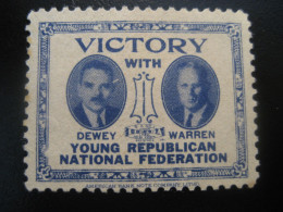 DEWEY + WARREN Victory Young Republican National Federation Poster Stamp Vignette USA Label - Otros & Sin Clasificación