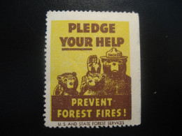 Prevent Forest Fires Fire Fireman Firemen Bear Poster Stamp Vignette USA Label - Feuerwehr