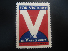 V For Victory Join The V Club Of America WW2 WWII Military War Poster Stamp Vignette USA Label - Guerre Mondiale (Seconde)