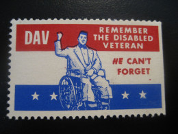 DAV Remember The Disabled Veteran Soldier WW2 WWII Health Sante Military Poster Stamp Vignette USA Label - 2. Weltkrieg