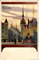 Artiste Lithographie Kley, Heinrich, München, Marienplatz, Kirche, Denkmal - Sonstige & Ohne Zuordnung