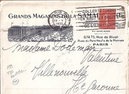 TYPE SEMEUSE LIGNEE N° 199  SUR LETTRE ILL. LA SAMARITAINE DE PARIS RP /1932 - 1903-60 Säerin, Untergrund Schraffiert