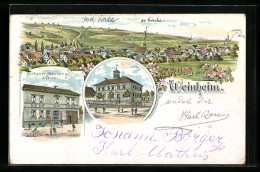 Lithographie Weinheim, Gesamtansicht, Bäckerei Specerei J. Born, Schule  - Weinheim