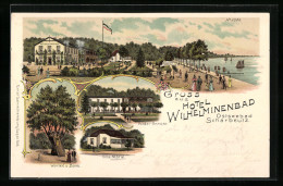 Lithographie Scharbeutz, Hotel Wilhelminenbad, Villa Marie, Worlees Bank  - Scharbeutz