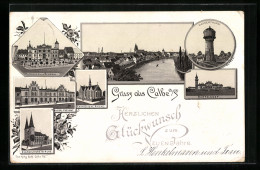 Lithographie Calbe A. S., Wasserthurm, Bartelshof, Rathaus, Kaiserl. Postamt, Kath. Und Ev. Kirche  - Sonstige & Ohne Zuordnung