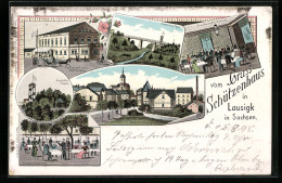 Lithographie Lausigk, Restaurant Zum Schützenhaus, Strassenpartie Am Ortseingang  - Other & Unclassified