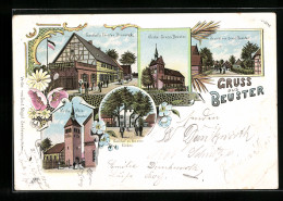 Lithographie Beuster, Gasthof Zum Fürsten Bismarck, Gasthof Zu Den Vier Eichen, Kirche Gross-Beuster  - Other & Unclassified