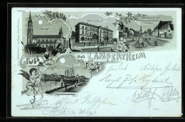 Mondschein-Lithographie Lampertheim, Rheinhafen Und Ziegelei, Ev. Kirche, Neues Schulhaus, Römerstrasse  - Lampertheim