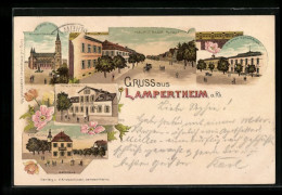 Lithographie Lampertheim A. Rh., Hauptstrasse, Hotel Z. Rebstock, Kriegerdenkmal, Rathaus  - Lampertheim