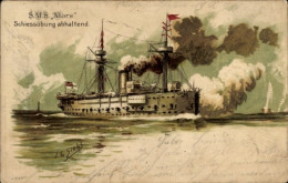 Relief Artiste Lithographie Siehl, Deutsches Kriegsschiff, SMS Mars, Kreuzerkorvette, Schießübung - Autres & Non Classés
