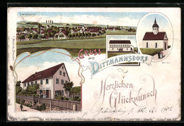 Lithographie Dittmannsdorf, Grundstück Herm. Köhler, Kirche, Schule  - Sonstige & Ohne Zuordnung
