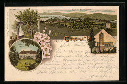 Lithographie Caputh A. H., Kirche, Schloss, Ortsansicht Vom Steinberg Aus  - Caputh