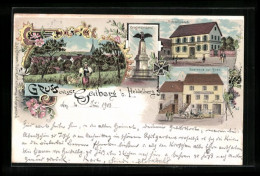 Lithographie Gaiberg B. Heidelberg, Gasthaus Zur Rose, Schulhaus, Kriegerdenkmal  - Heidelberg
