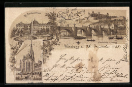 Vorläufer-Lithographie Würzburg, 1891, Kgl. Residenzschloss, Marienkirche, Mainbrücke Und Festung  - Würzburg