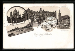Lithographie Breslau, Synagoge, Liebichshöhe, Elisabethkirche, Blick Auf Die Oder  - Schlesien