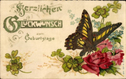 Lithographie Glückwunsch Geburtstag, Schmetterling, Rosen, Glücksklee - Birthday