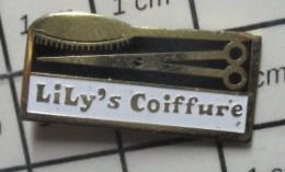 912c Pin's Pins / Beau Et Rare / MARQUES / COIFFEUR LILY'S COIFFURE CISEAUX BROSSE - Merken