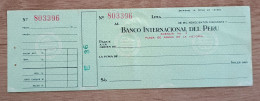 Peru Bank Check , Banco Internacional Del Peru - Pérou