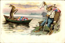 CPA Glückwunsch Ostern, Hase Mit Rückentrage, Ostereier, Ruderboot - Easter