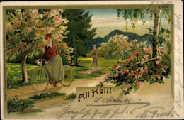 Lithographie Frau Auf Einem Fahrrad - Other & Unclassified