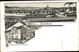 Lithographie Sontra In Hessen, Gasthof Zur Post, Blick Auf Den Ort, Bahnschienen - Autres & Non Classés