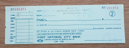 Peru Bank Check , First National City Bank Branch Lima - Pérou