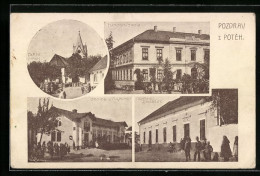 AK Potehy, Narodni Skola, Hostinec Divadelny, Kirche, Schule, Gasthaus  - Czech Republic