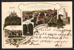 Vorläufer-Lithographie Tübingen, 1895, Schloss Hohenzollern, Uhland-Denkmal, Lichtenstein U. Bebenhausen  - Tuebingen