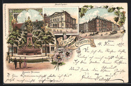 Lithographie Chemnitz, Saxonia-Brunnen, Stadt-Theater, Börse  - Theater