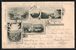Lithographie Blaubeuren, Klosterkirche, Blautopf, Rusenschloss, Ruckenschloss, Ortsansicht Aus Der Vogelschau  - Blaubeuren