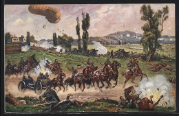 Künstler-AK W. Bürger: Maubeuge, Feuerndes Artilleriebatallion, Aufsteigender Militärballon  - Mongolfiere