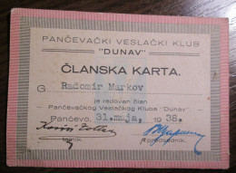 Membership Card Of The Rowing Club - DUNAV - Pancevo Banat Serbia 1938. - Documents Historiques