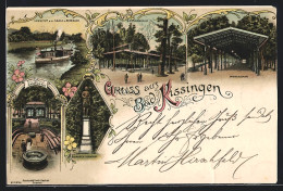 Lithographie Bad Kissingen, Maxbrunnen, Bismarck-Denkmal, Wandelbahn, Brunnenhalle  - Bad Kissingen