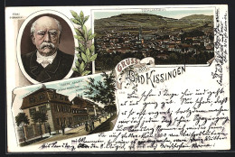 Lithographie Bad Kissingen, Totalansicht, Obere Saline Mit Fürst Bismarck-Wohnung, Portrait  - Bad Kissingen