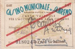 CASINO' MUNICIPALE DI SANREMO - BIGLIETTO INGRESSO ORIGINALE  1948 - Tickets - Entradas